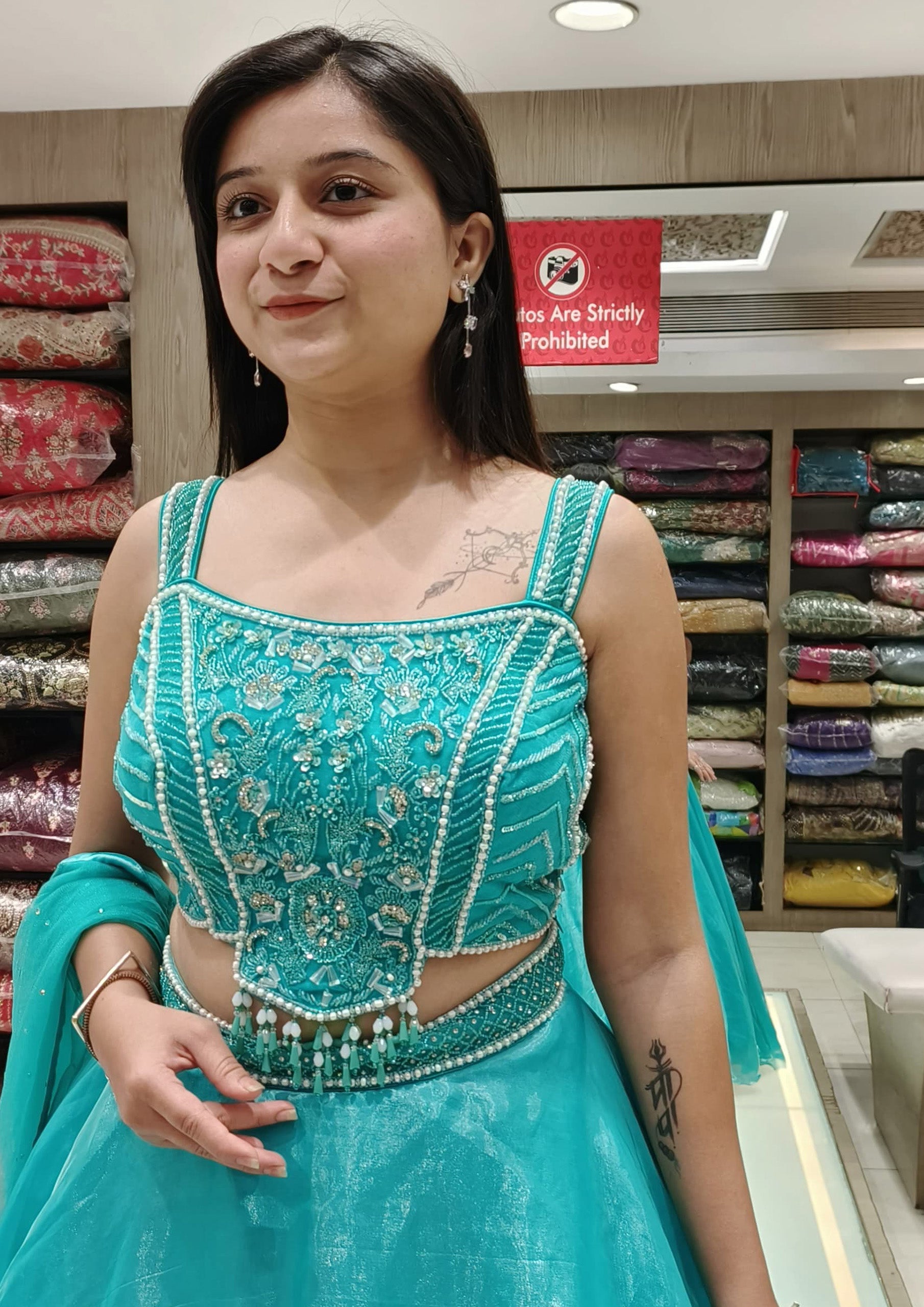 Aqua Color Organza Silk Pearls Work Lehenga Choli